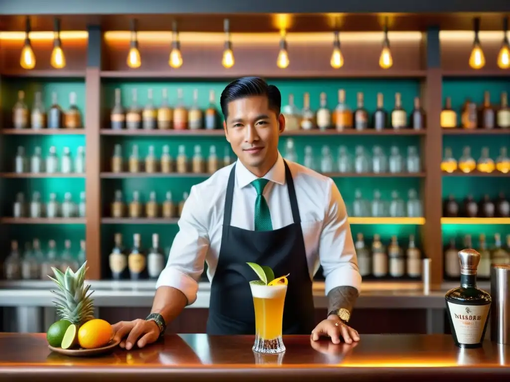 Un maestro coctelero prepara con precisión un Chilcano peruano: fusión refrescante de pisco ginger ale