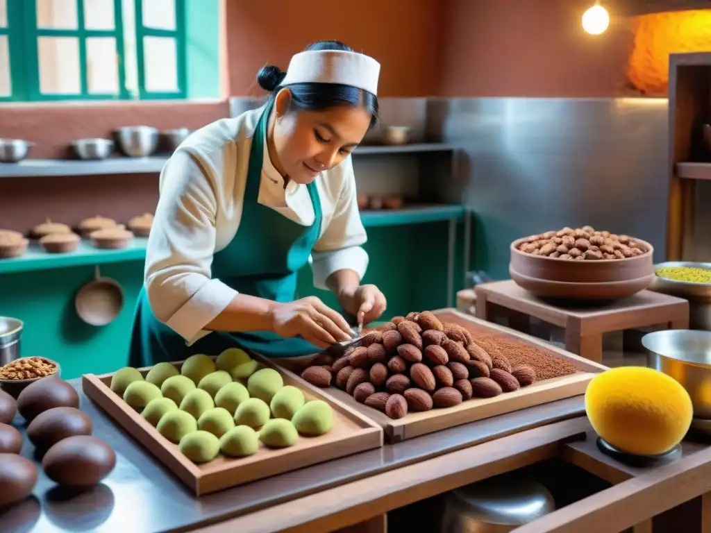 Un maestro confitero moldea Chocotejas peruanas dulces tradicionales en una cocina tradicional llena de color y calidez