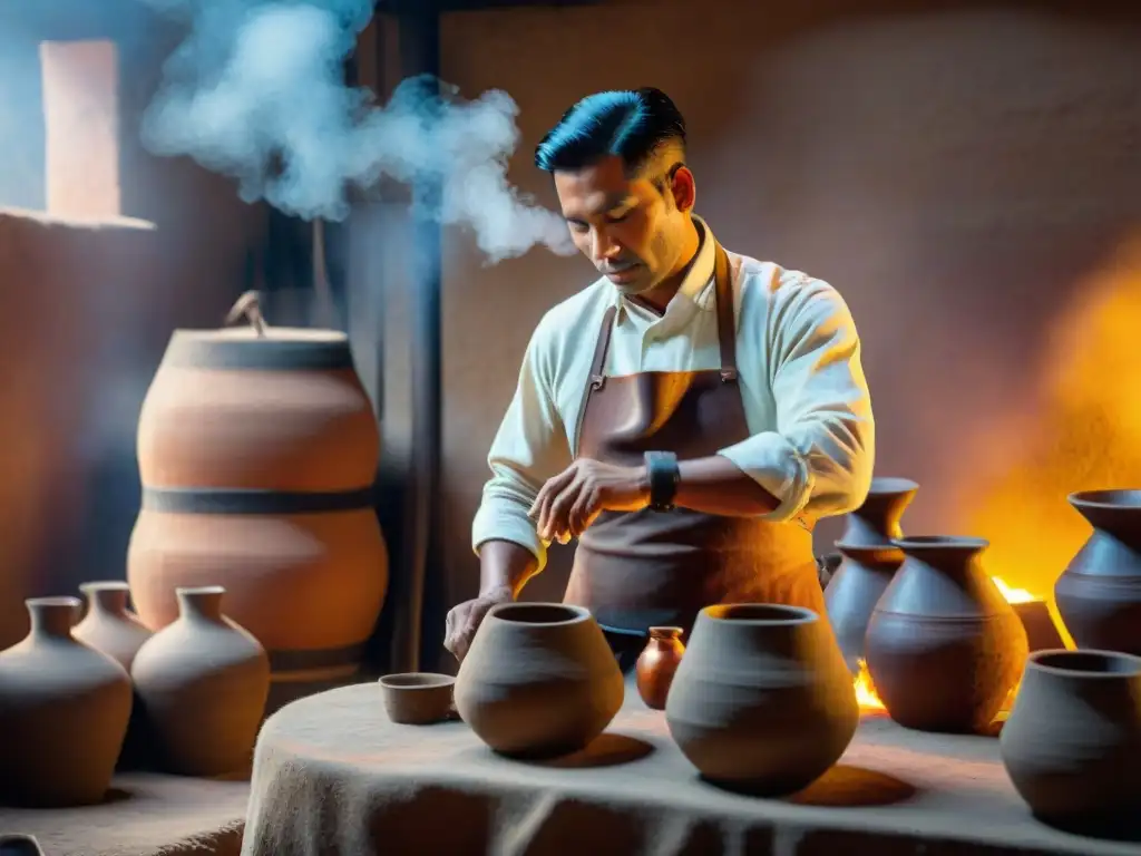 Un maestro destilador en una destilería tradicional peruana con paredes de adobe, ollas de barro y luz dorada al atardecer