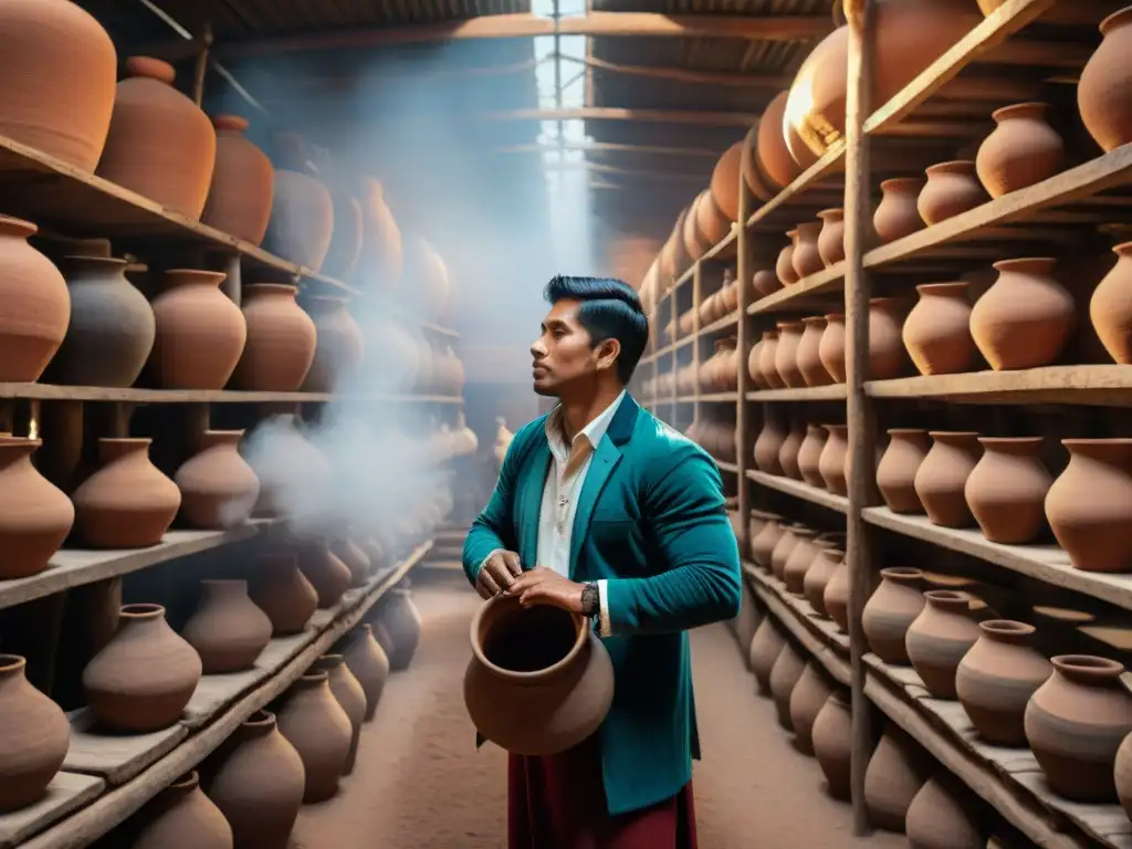 El maestro destilador peruano supervisa el proceso de destilación del Pisco en alambiques de arcilla, rodeado de barriles y artefactos históricos