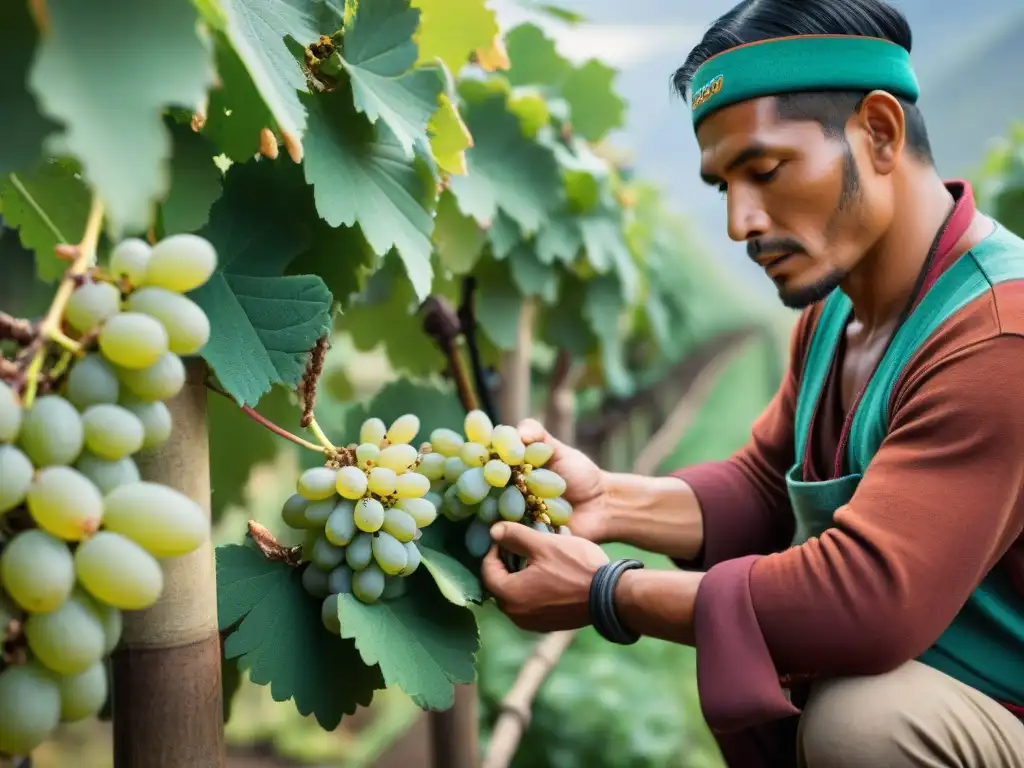 Un maestro destilador peruano examina uvas para Pisco