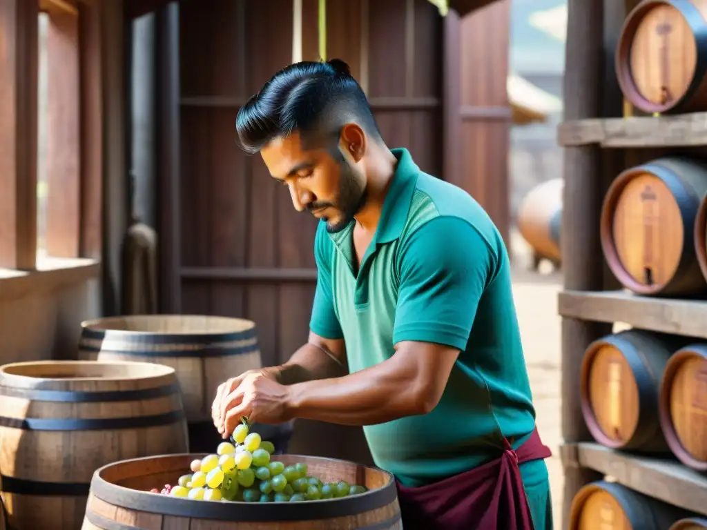 Un maestro destilador peruano seleccionando uvas para técnicas perfectas de maceración en pisco, resaltando artesanía y tradición