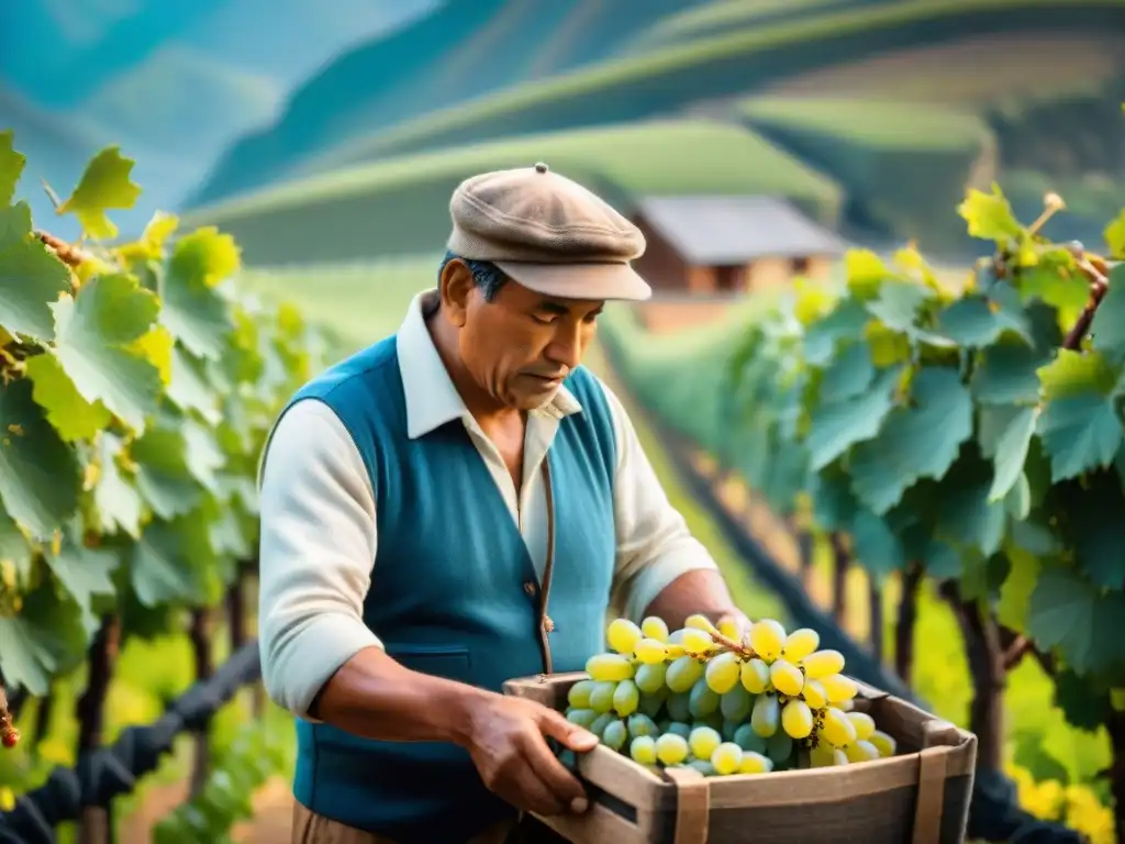 Un maestro destilador en Perú selecciona uvas para producir pisco, destacando tradición y artesanía en la viña