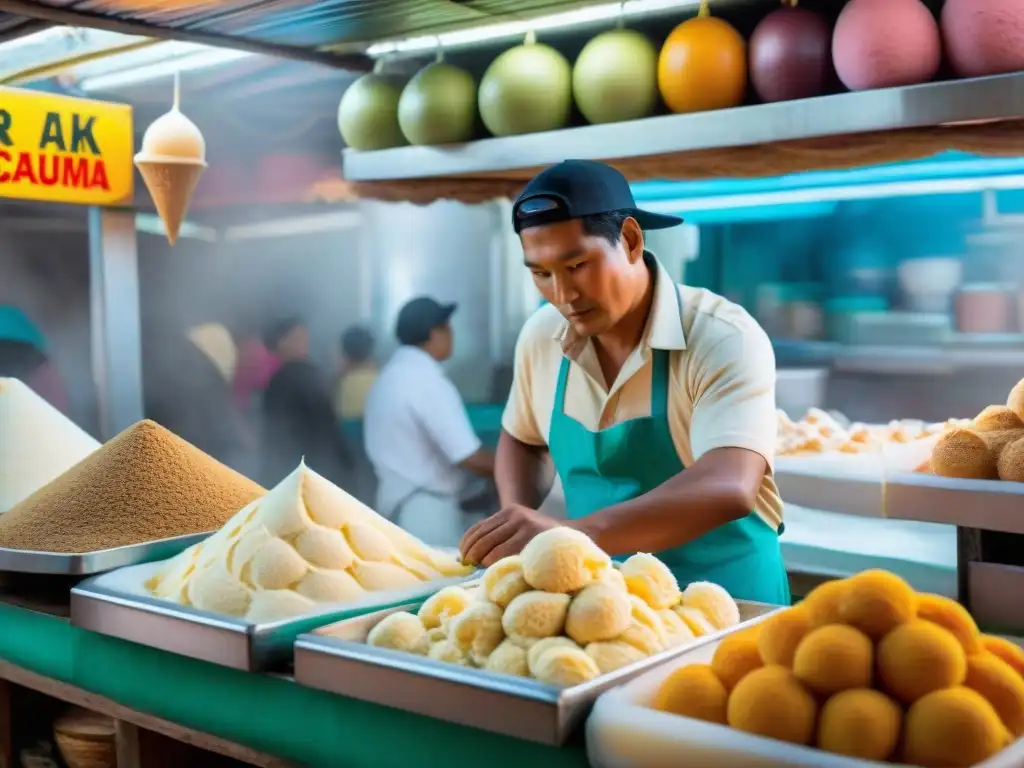 Un maestro heladero en un mercado peruano tradicional, creando innovaciones heladas con frutas peruanas