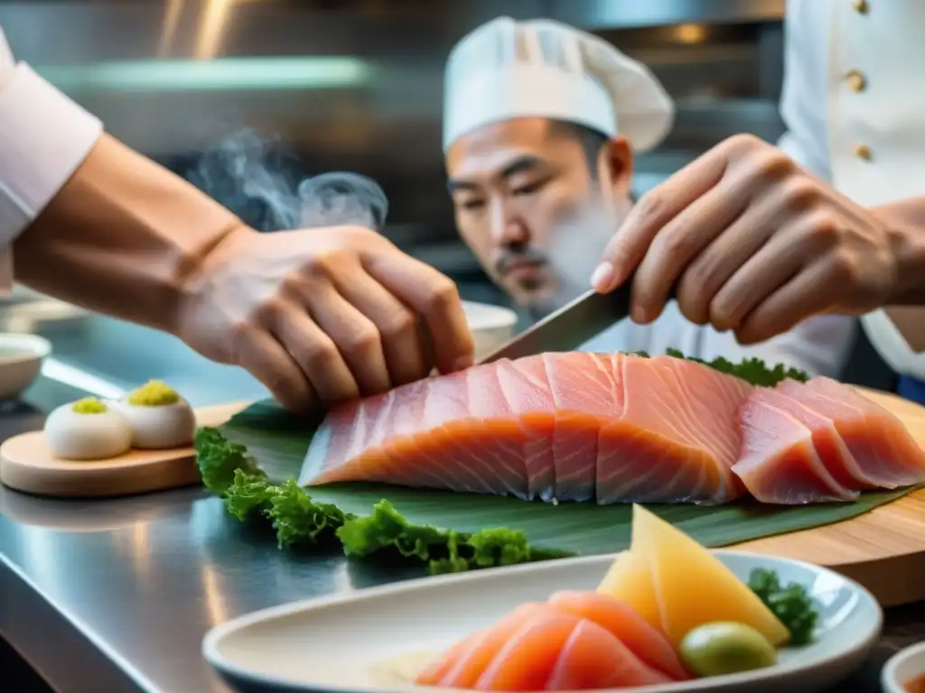 Un maestro en Maido corta con precisión un sashimi de jurel, reflejando la revolución culinaria peruana: Maido y Nikkei