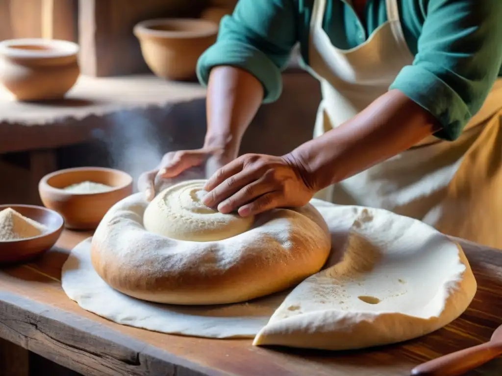 Un maestro panadero peruano moldeando con destreza la masa de pan andino, mostrando técnicas ancestrales