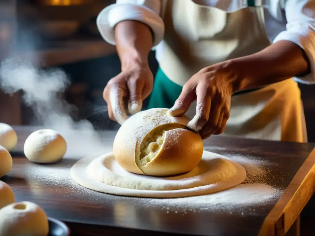 El maestro panadero peruano moldea con destreza la masa para pan chuta, en un proceso tradicional y meticuloso de la gastronomía peruana