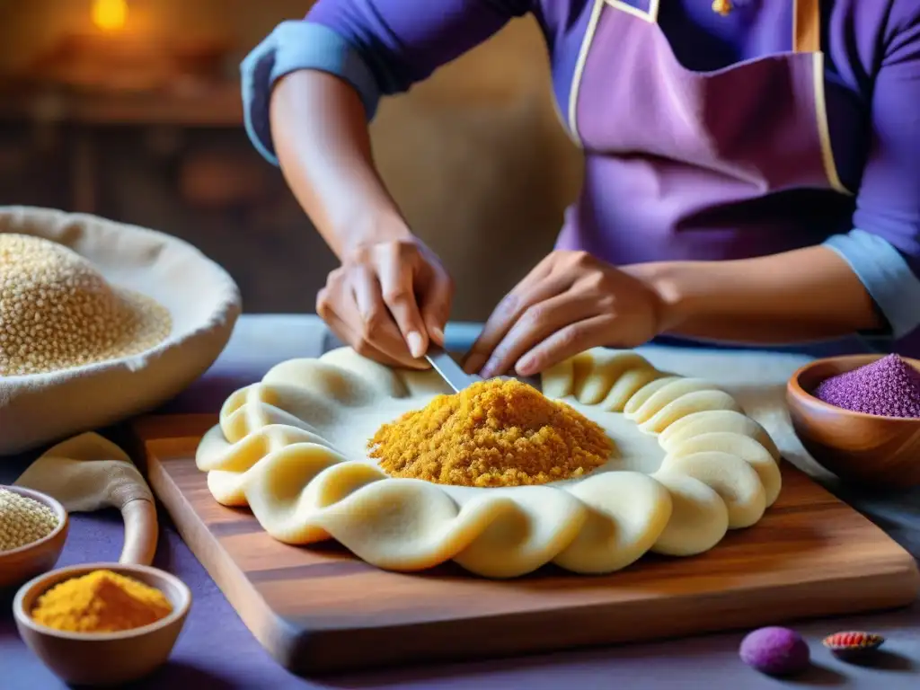 Un maestro panadero peruano moldando galletas tradicionales rodeado de ingredientes autóctonos