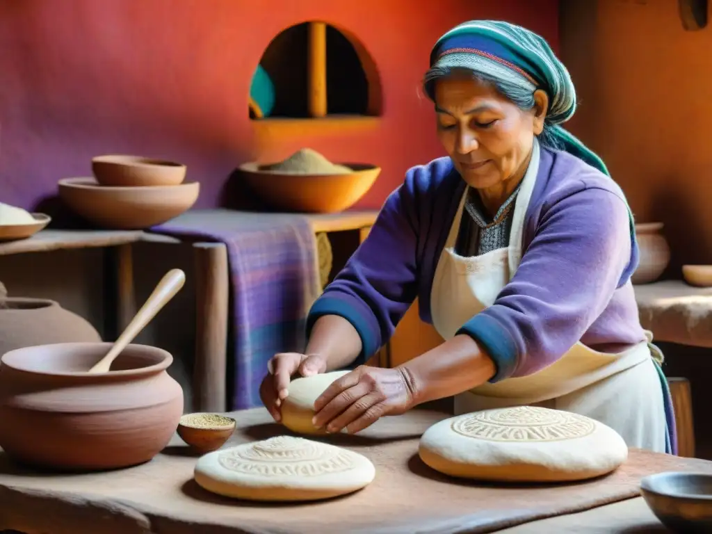 Un maestro panadero peruano moldeando masa de pan andino con técnicas ancestrales en una cocina rústica