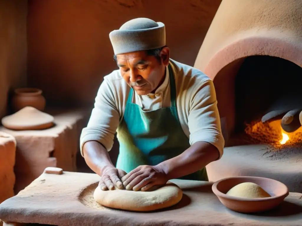 Un maestro panadero peruano moldea masa en un horno de barro para panes, destacando la artesanía y tradición