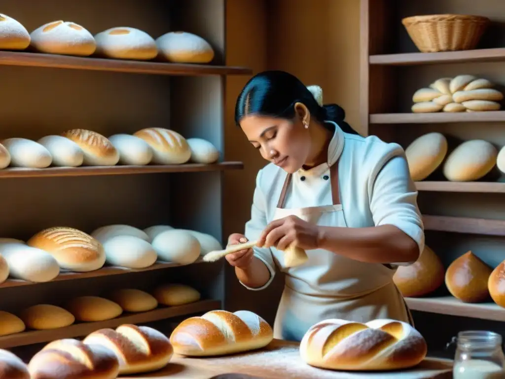 Un maestro panadero peruano moldea pan con amor en una panadería rústica, con historia del pan en Perú