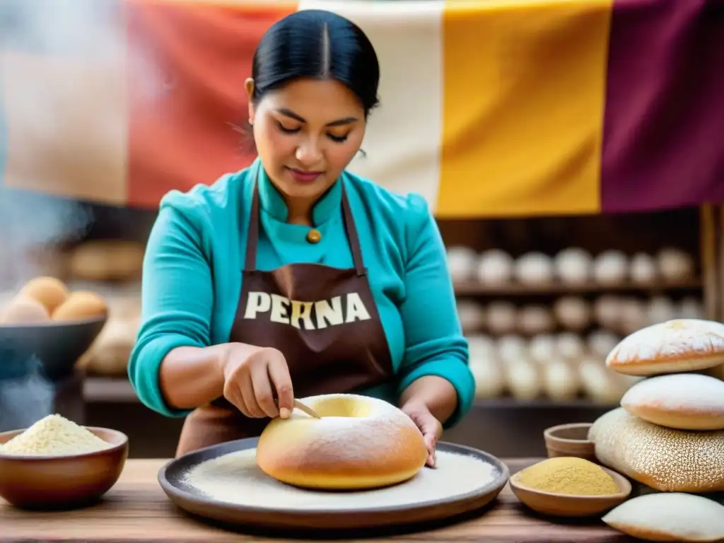 Un maestro panadero peruano moldeando un pan de yema tradicional entre textiles y cerámicas peruanas