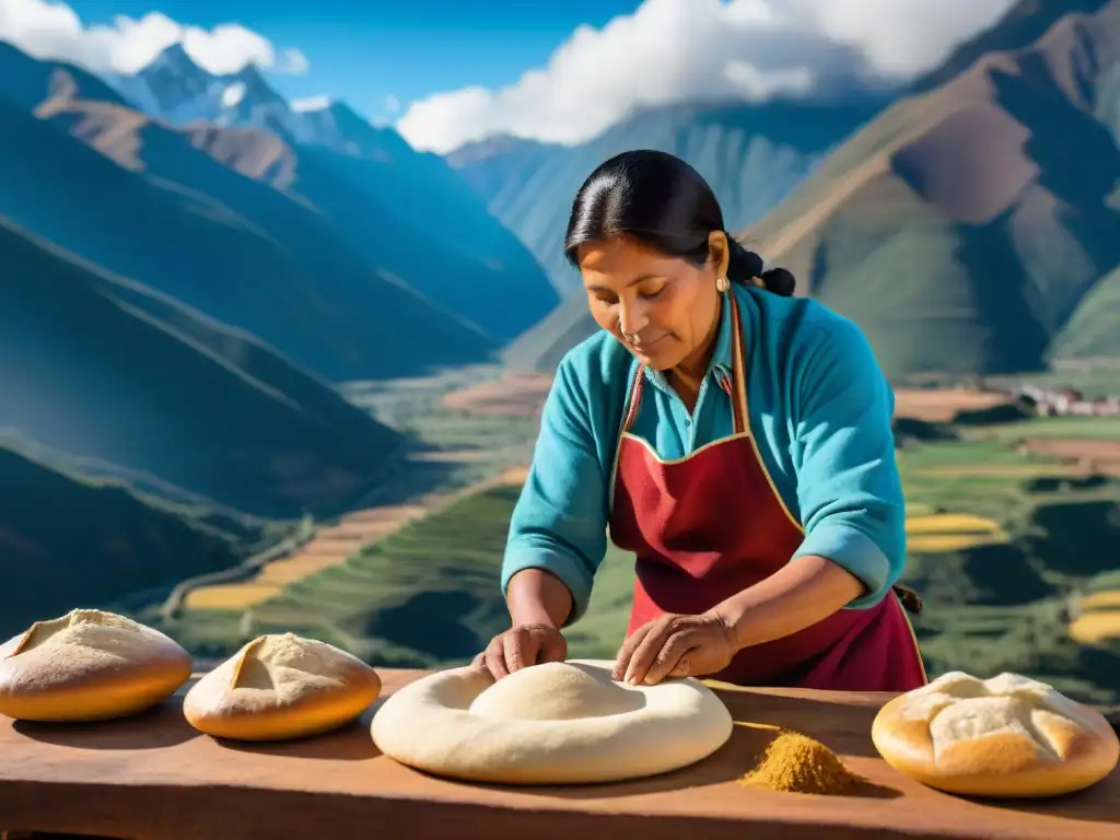 Un maestro panadero peruano tradicional en los Andes moldea pan chuta con destreza, bajo un cielo azul y cimas majestuosas