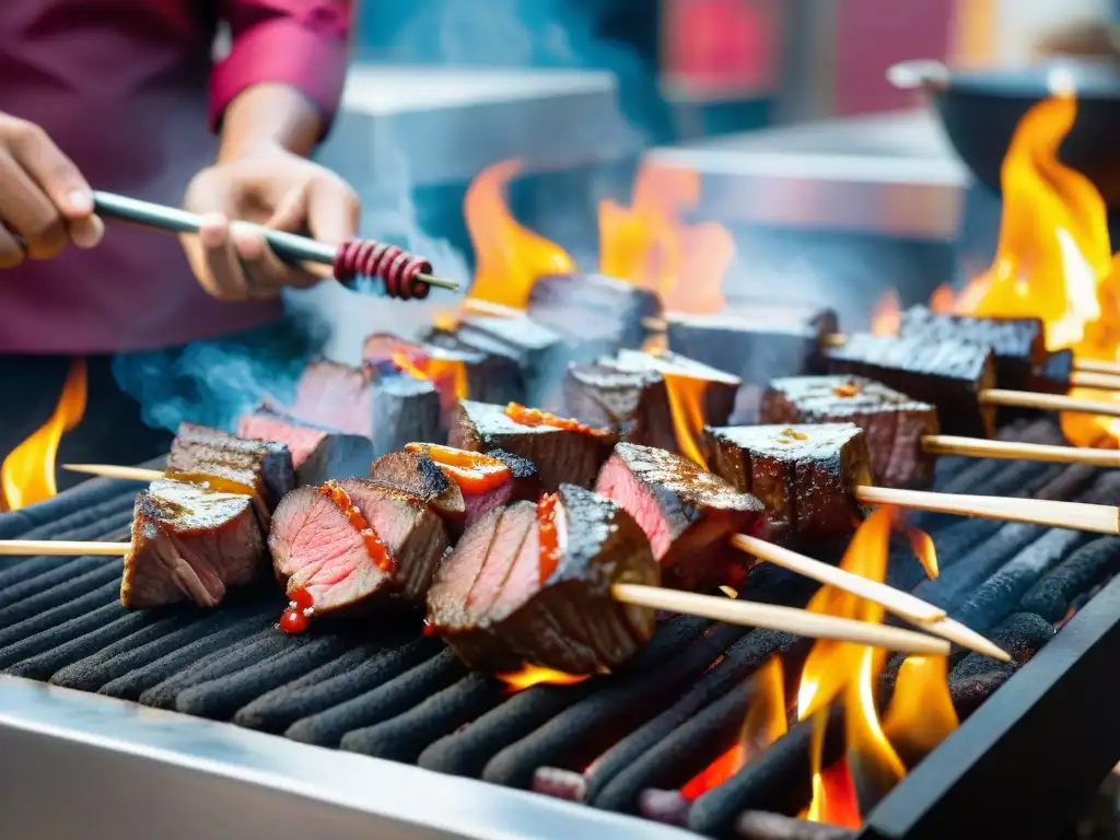 Un maestro de la parrilla prepara con destreza un anticucho peruano en un animado mercado callejero, revelando los Secretos del Anticucho Peruano