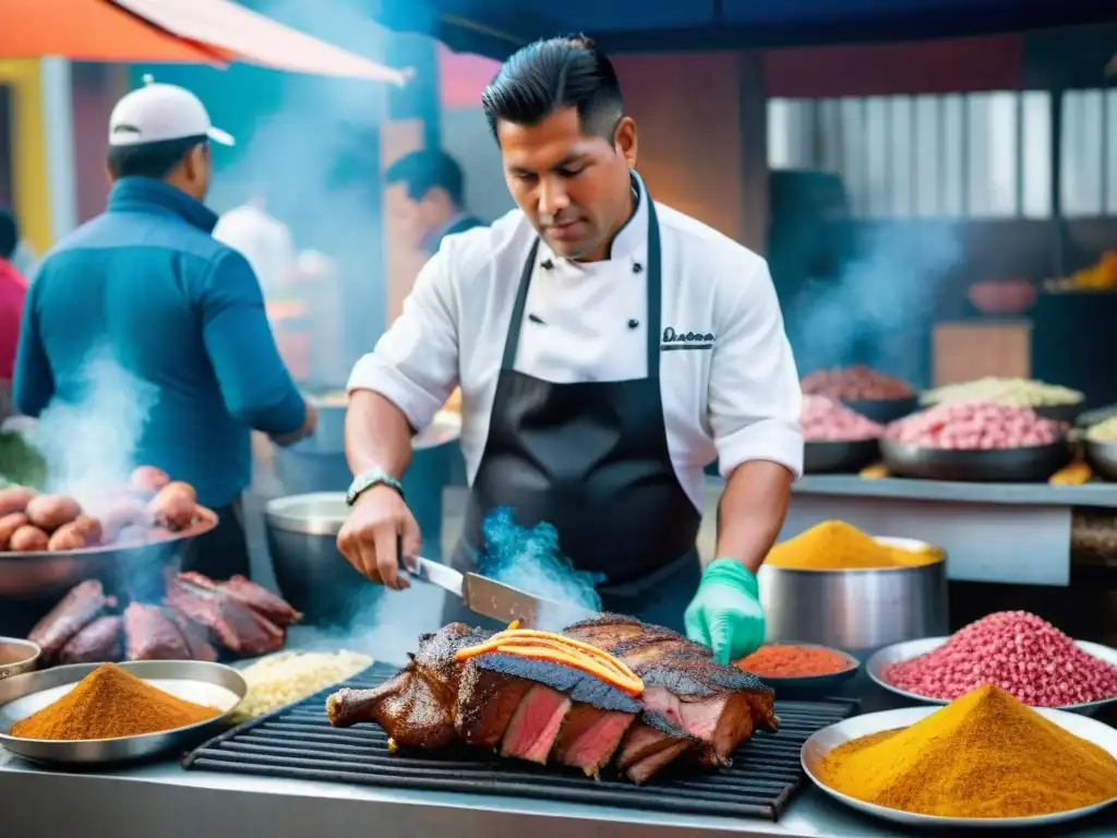 Un maestro parrillero peruano sazona carne en un animado mercado de Lima