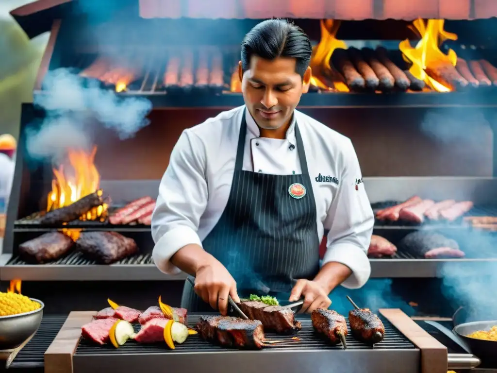 Un maestro parrillero peruano preparando carnes con sabor andino en una parrilla, con humo y expresión concentrada