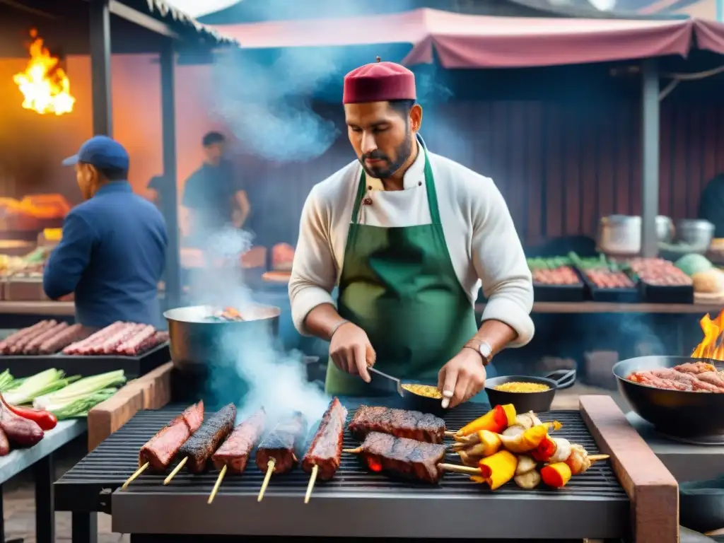 Un maestro parrillero peruano cocina con destreza los mejores anticuchos y chorizos en un mercado vibrante