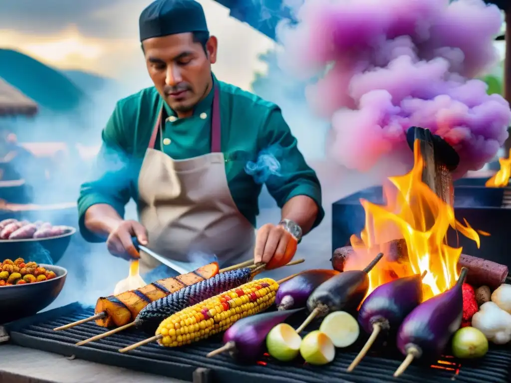 Un maestro parrillero peruano experto en la preparación de platos peruanos a la parrilla con ingredientes nativos y coloridos