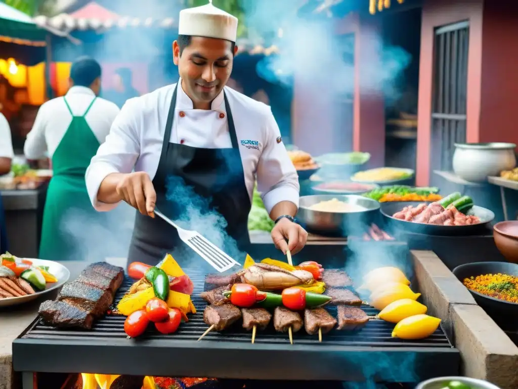 Un maestro parrillero peruano sazona expertamente una parrilla llena de carnes, vegetales y mariscos, en un mercado de Lima