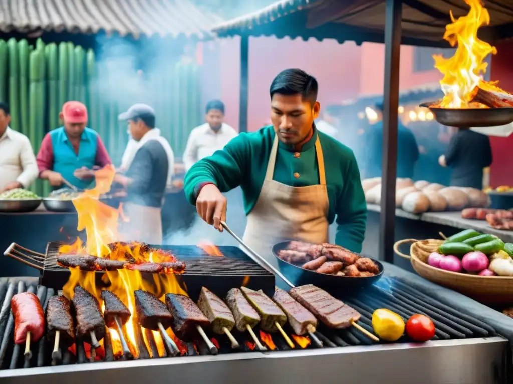 Un maestro parrillero peruano cocinando platos peruanos a la parrilla en un mercado al aire libre, rodeado de colores y aromas tentadores