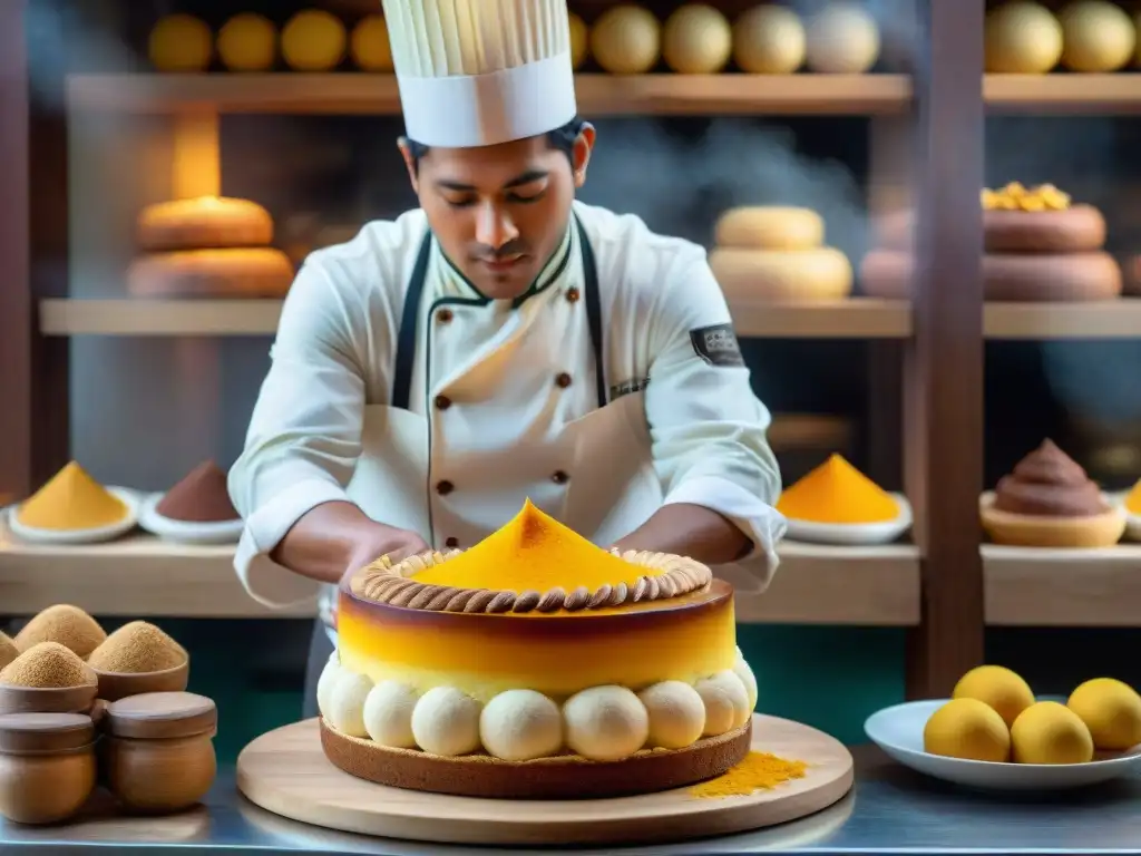 Un maestro pastelero en una panadería peruana crea un exquisito pastel de lúcuma