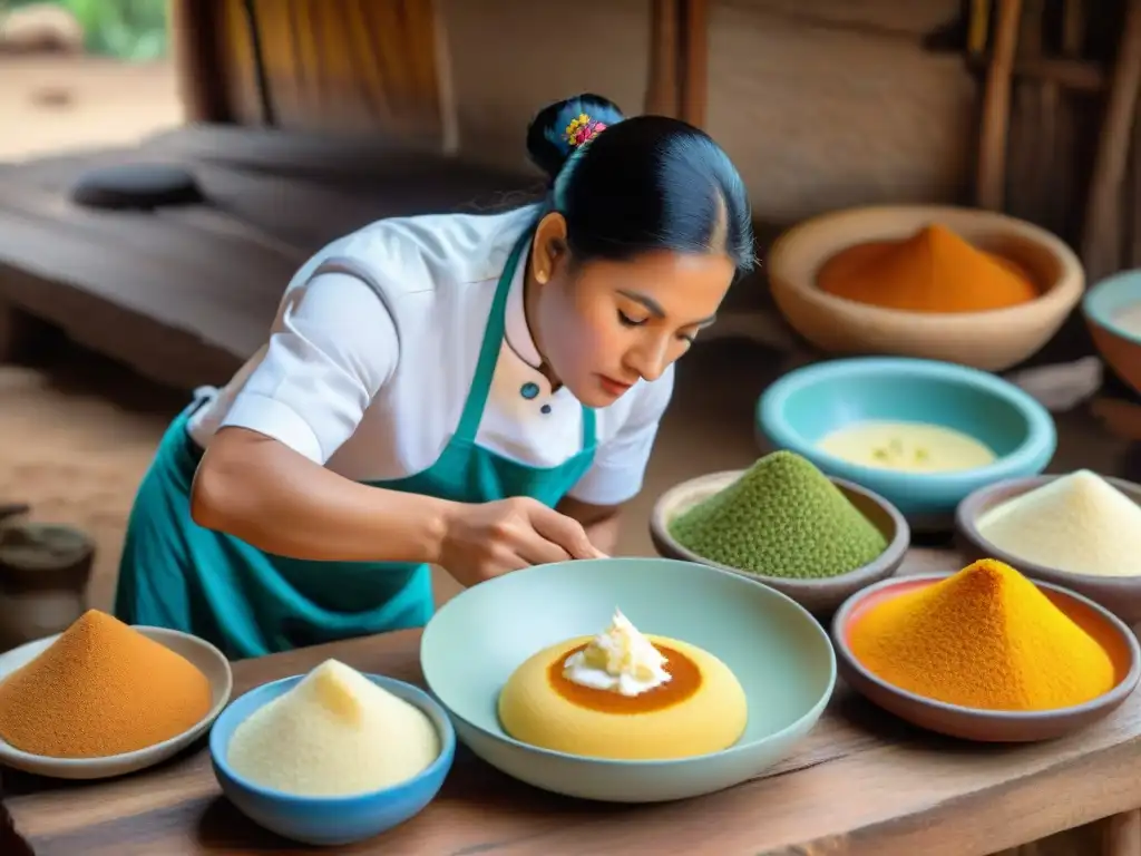 Un maestro pastelero peruano preparando con elegancia un postre tradicional de chirimoya en una cocina peruana auténtica