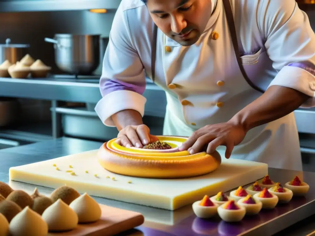 Un maestro pastelero peruano elaborando un postre tradicional con destreza en una pastelería bulliciosa