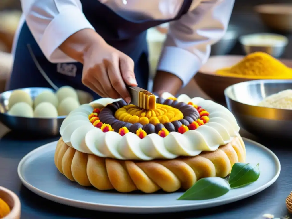 Un maestro pastelero peruano decora postre tradicional con técnica moderna en pastelería peruana tradicional y moderna