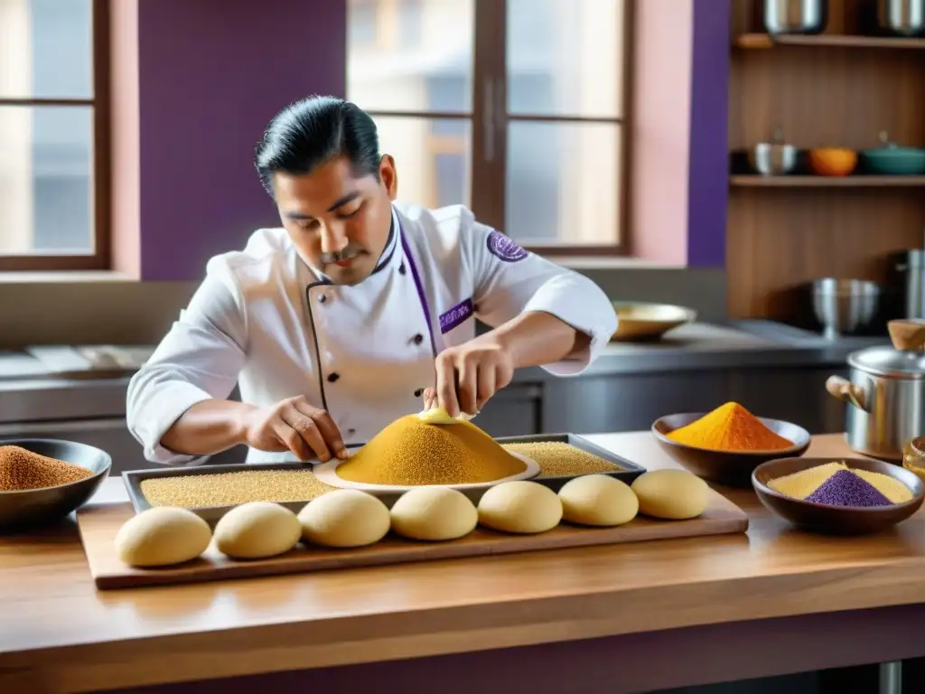 Maestro pastelero peruano elaborando postres con supergranos andinos