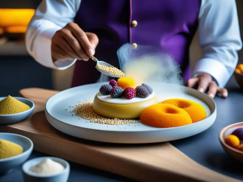 Un maestro pastelero peruano tradicional y moderno creando postre con ingredientes nativos