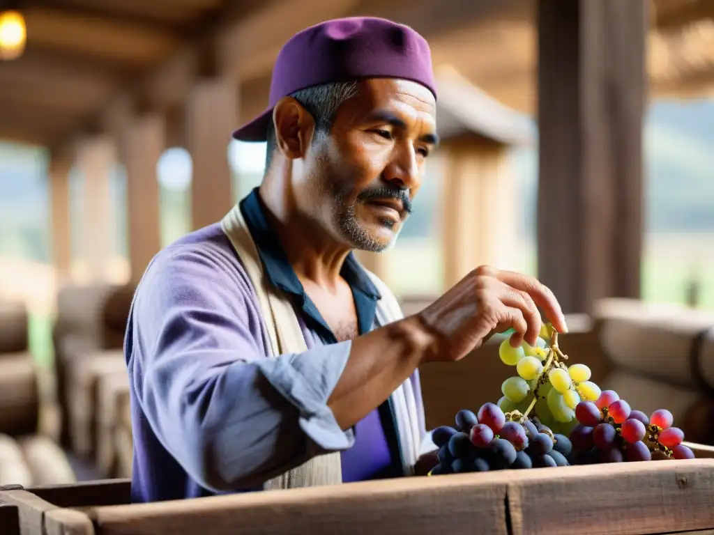 Un maestro de destilería peruana inspecciona uvas en la ruta del pisco peruano autóctono