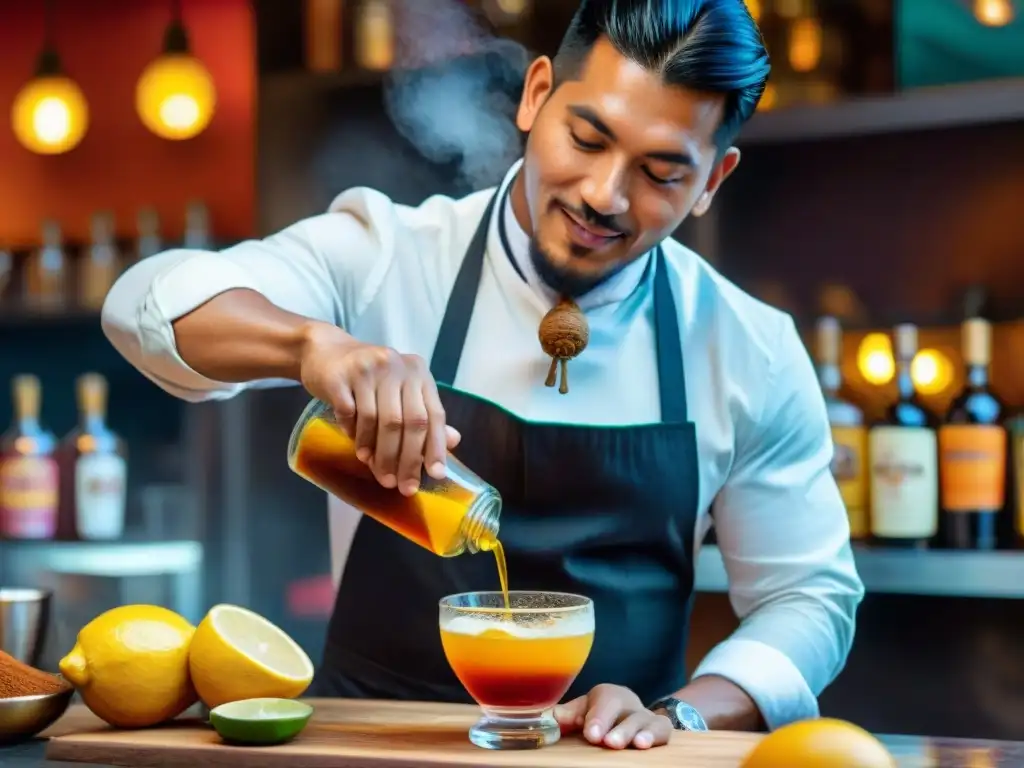 Un maestro bartender peruano prepara una algarrobina en un mercado vibrante