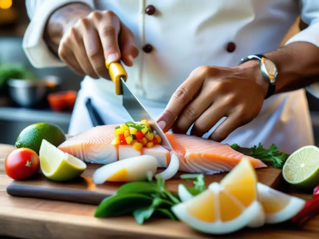 Maestro peruano preparando ceviche con precisión y pasión en un mercado tradicional