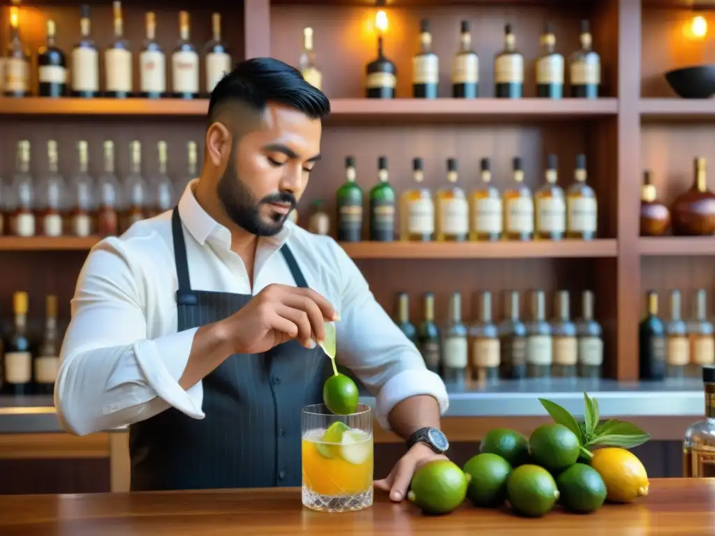 Un maestro bartender peruano preparando un Chilcano de Pisco tradicional en un elegante bar rústico