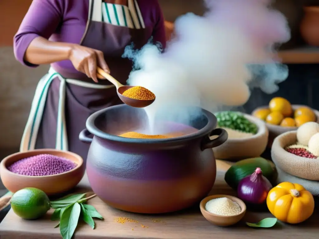 El maestro peruano en cocina tradicional remueve la chicha fermentando en olla de barro rodeada de ingredientes coloridos