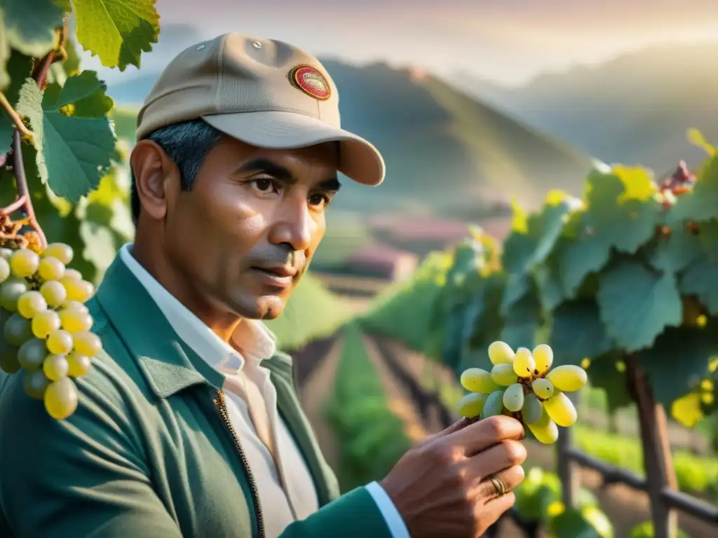 Un maestro vinícola peruano examina con destreza racimos de uvas premiadas globalmente en viñedos bajo el sol peruano