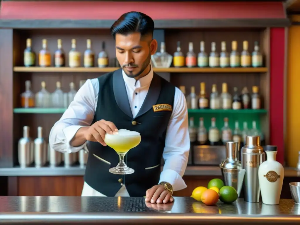 Un maestro bartender peruano prepara un Pisco Sour en un bar tradicional