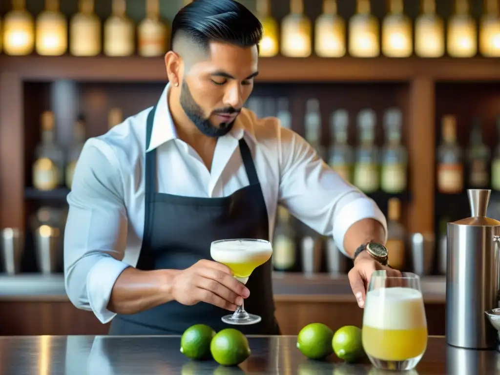 Un maestro bartender peruano preparando un Pisco Sour auténtico con destreza en un bar bien surtido