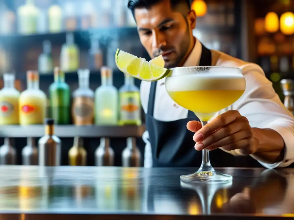 Un maestro bartender peruano prepara un Pisco Sour auténtico en un bullicioso mercado peruano