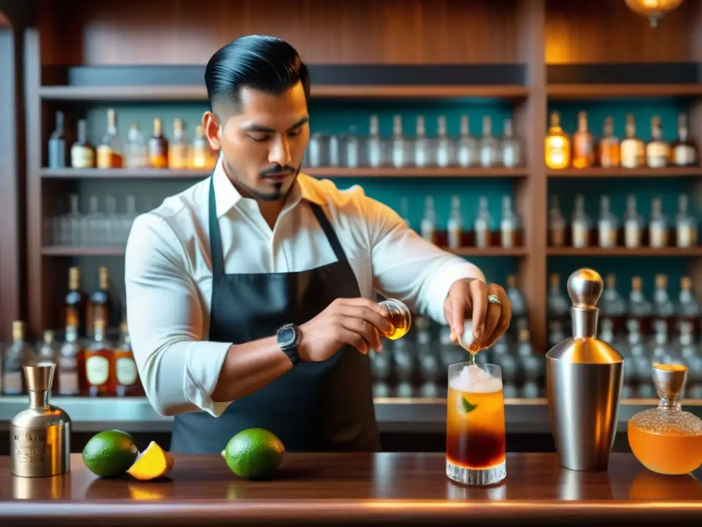 Un maestro bartender peruano prepara la receta algarrobina cocktail en un bar atmosférico