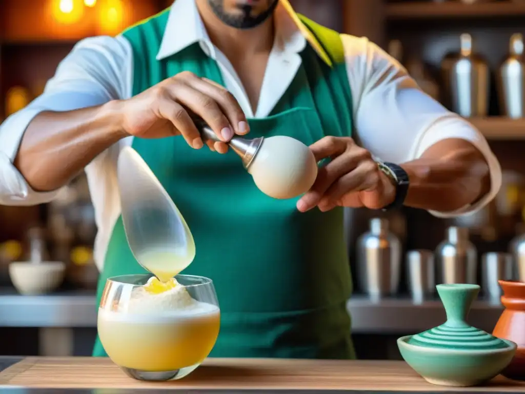 Un maestro bartender peruano preparando la receta auténtica Pisco Sour Peruano con destreza, destacando la cultura y arte detrás del icónico cóctel