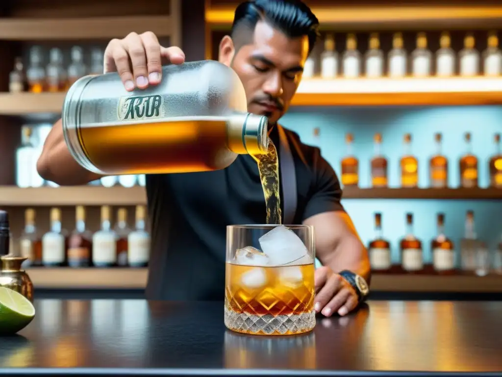 Un maestro bartender peruano vierte ron dorado en vaso con hielo, destacando la caña y ron peruano gastronomía