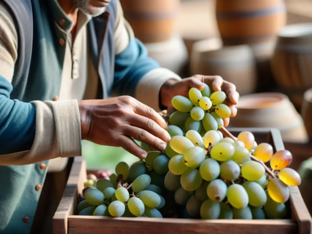 Un maestro pisquero peruano inspecciona uvas recién cosechadas, rodeado de toneles y barriles de arcilla en una destilería tradicional