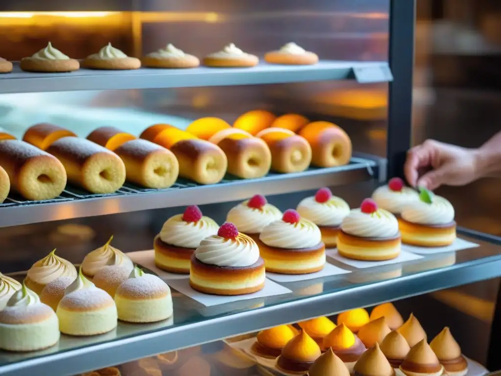 Un maestro repostero decora un pastel de tres leches en una panadería peruana tradicional, rodeado de deliciosos postres