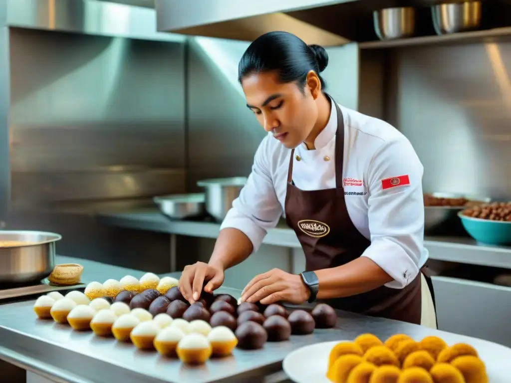 Un maestro repostero peruano elaborando chocotejas peruanas dulces tradicionales con destreza en una cocina tradicional