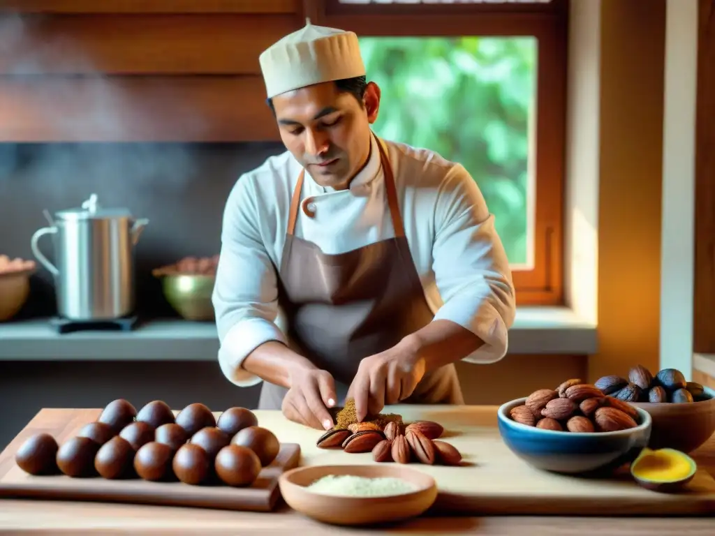 Un maestro repostero peruano elaborando chocotejas tradicionales en una cocina rústica