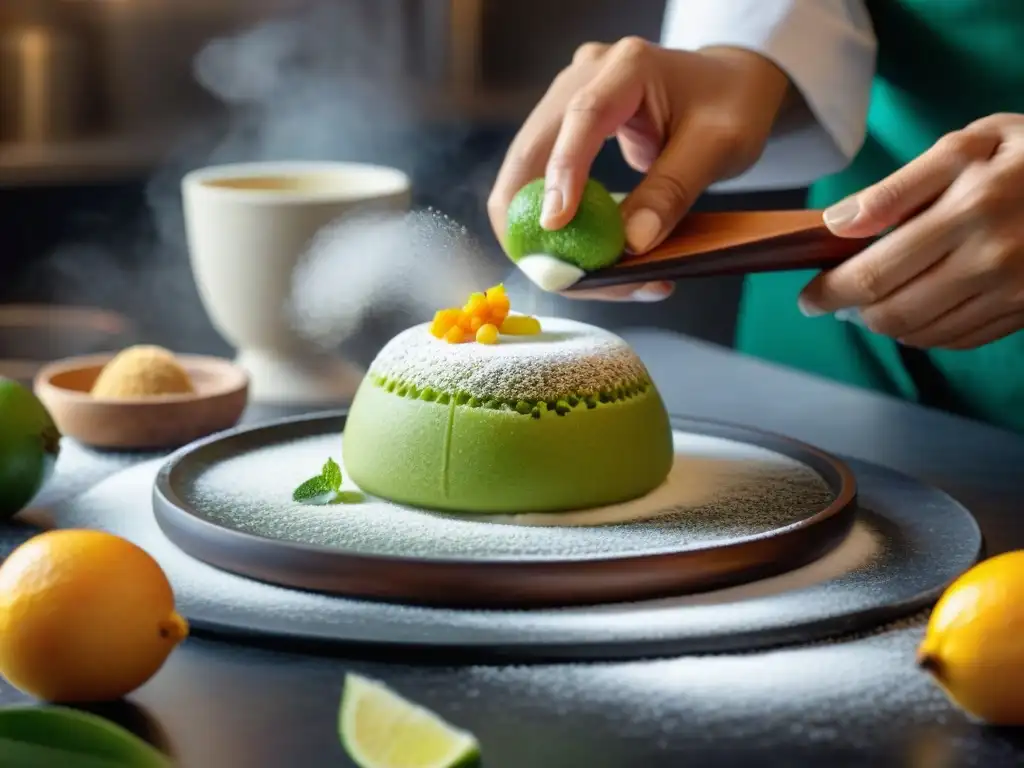 Un maestro repostero peruano elabora con destreza un postre infusionado con chirimoya, entre utensilios y ingredientes tradicionales