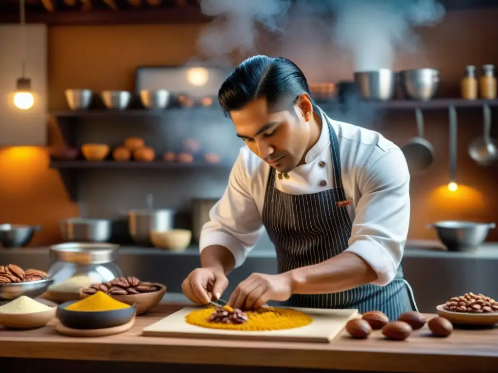 Un maestro repostero peruano elaborando a mano Tejas y Chocotejas, rodeado de ingredientes en una cocina rústica