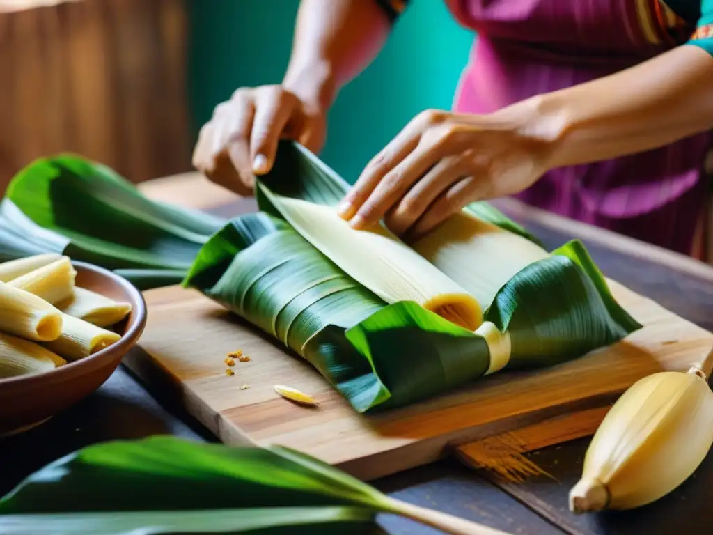 Un maestro tamalero peruano preparando tamales en una cocina rústica