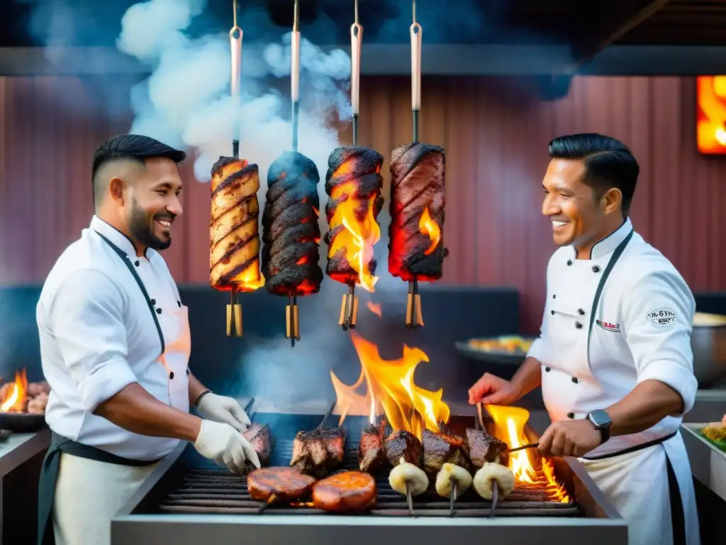 Maestros de parrilla peruana, expertos en anticuchos y pollo a la brasa, dominan el fuego con pasión y destreza